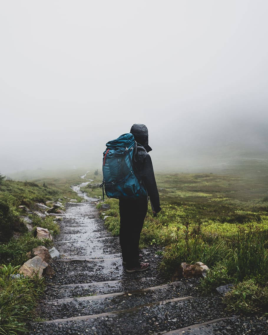 Hiker Under The Rain Travel Laptop Background