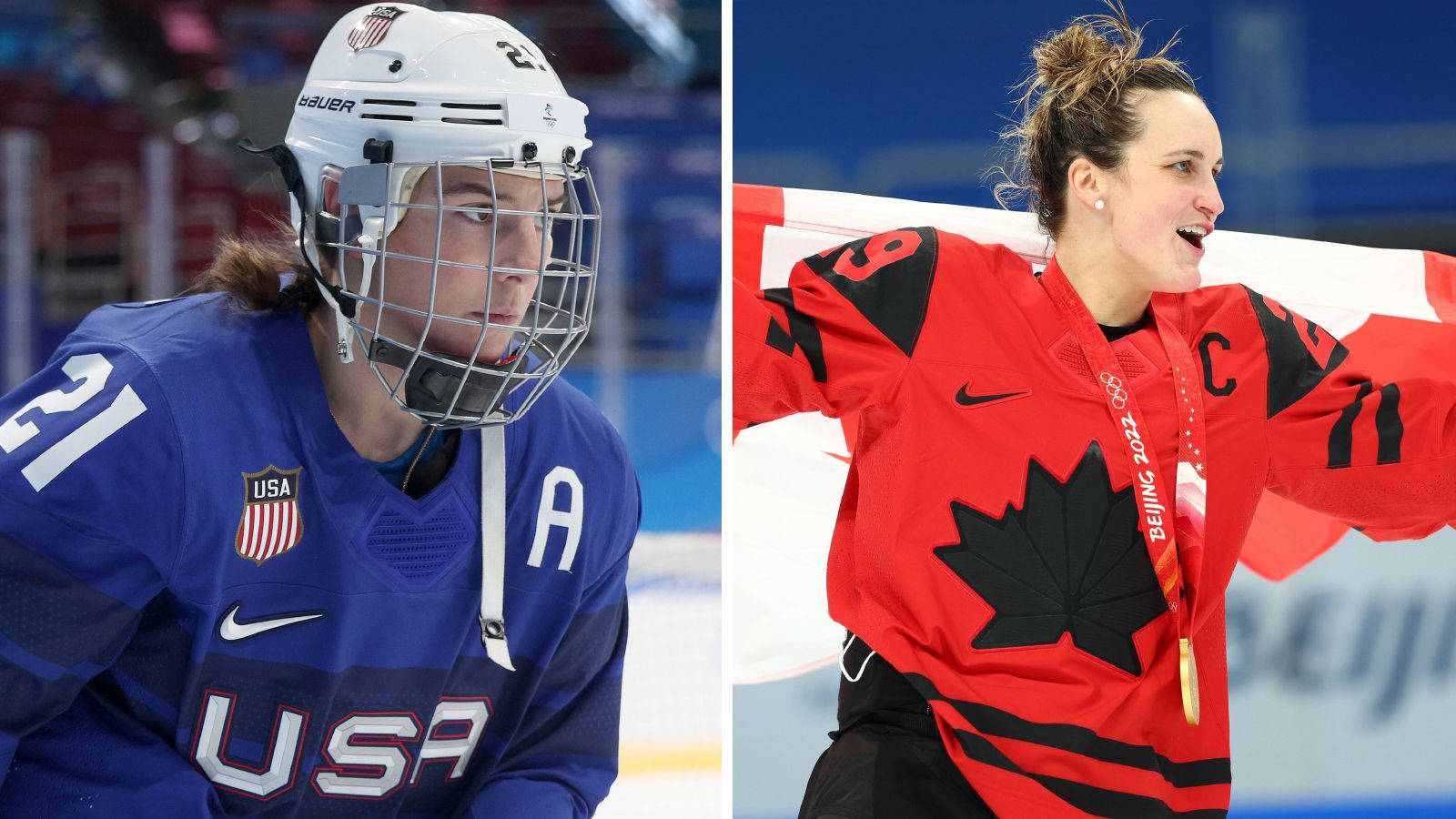 Hilary Knight Dueling On Ice With Marie-philip Poulin Background