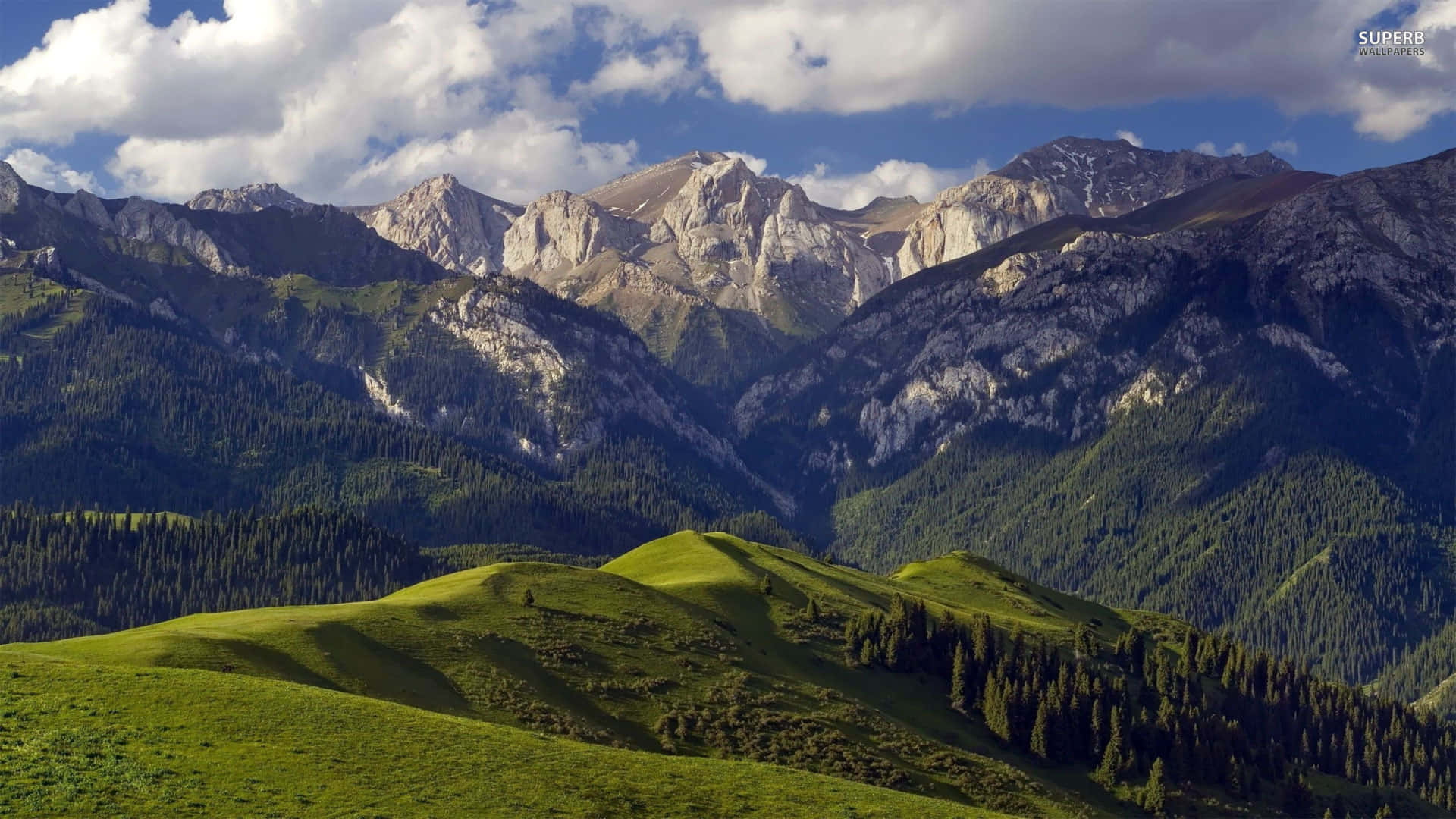 Hills Over Looking Snowy Mountains Background