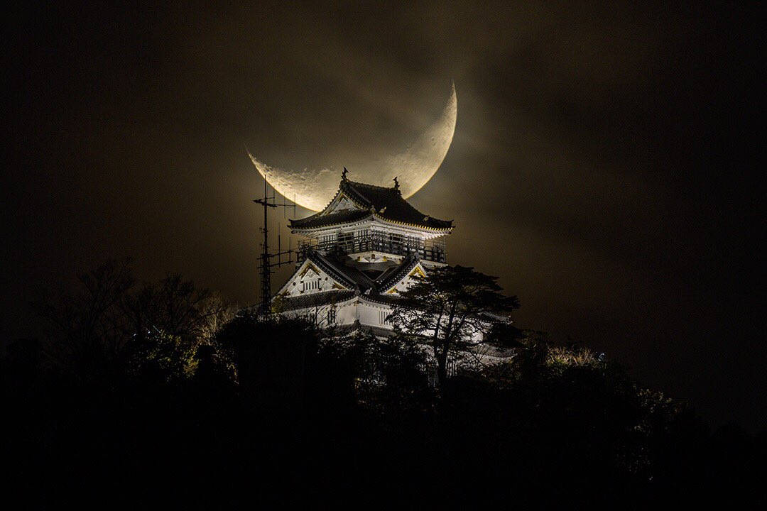 Himeji Castle And Big Crescent Moon