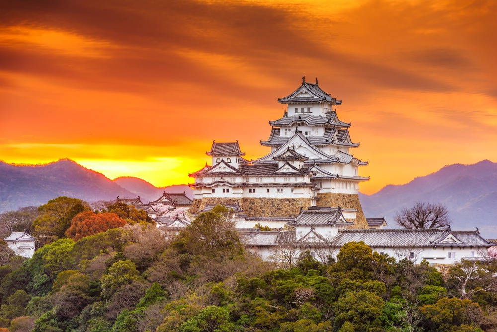 Himeji Castle And Orange Skies Background
