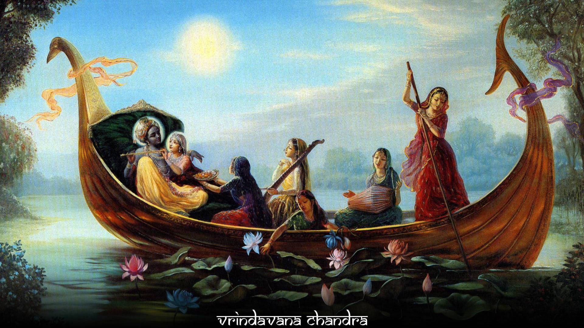 Hindu God Krishna And Gopis On A Boat Background