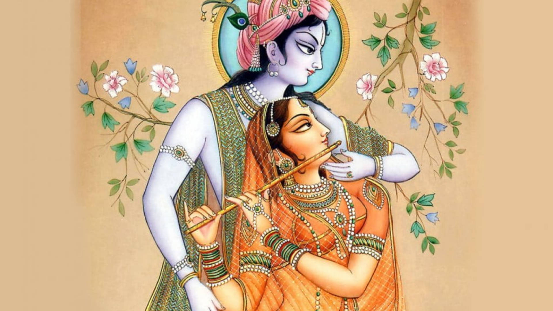 Hindu God Krishna And Radha Playing Flute Background