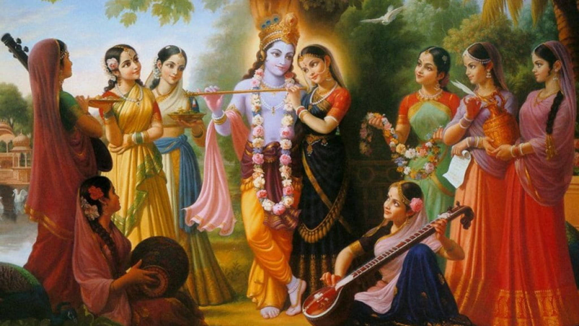 Hindu God Krishna Surrounded By Gopis Background