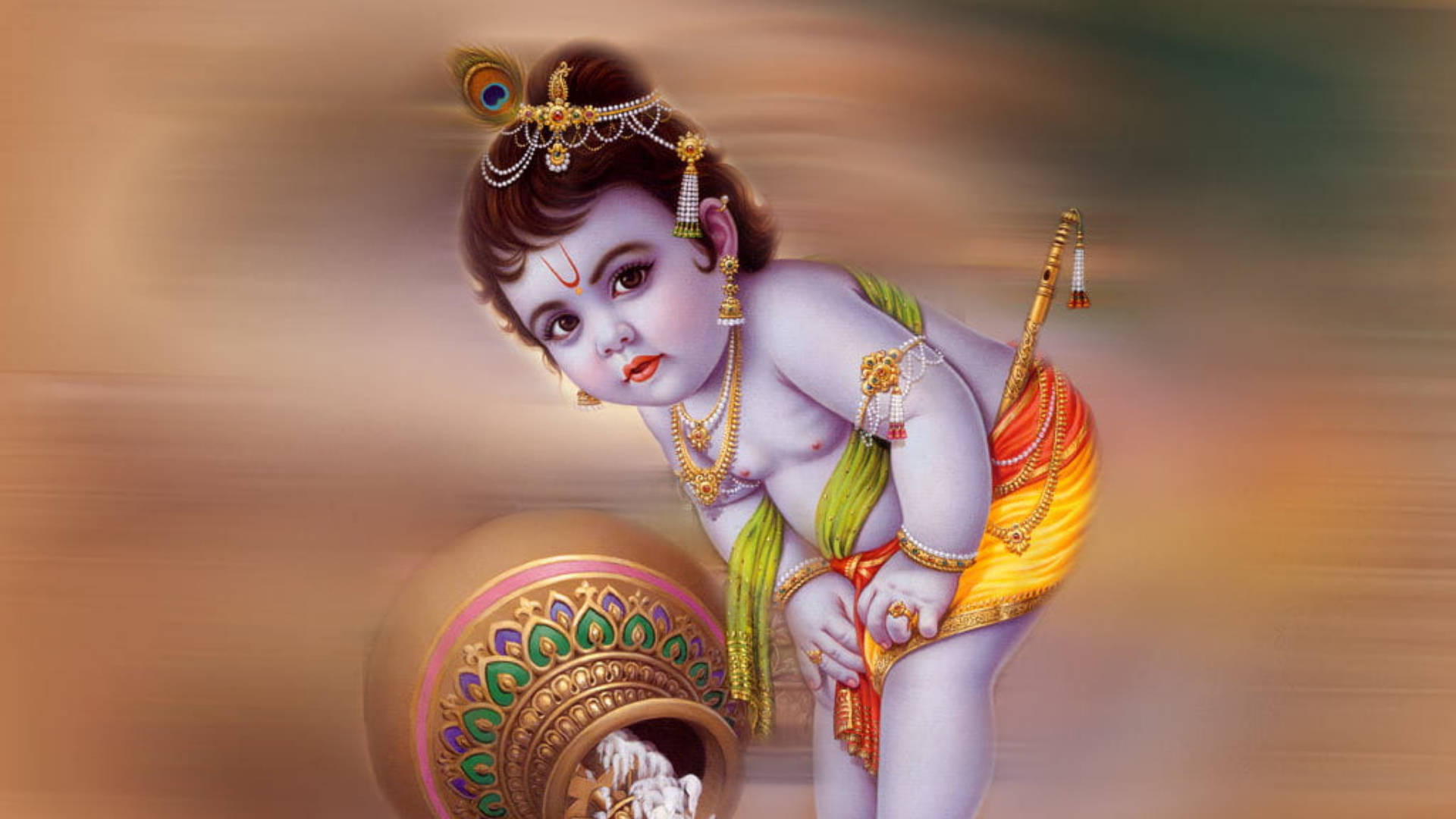 Hindu God Krishna With A Copper Vessel Background