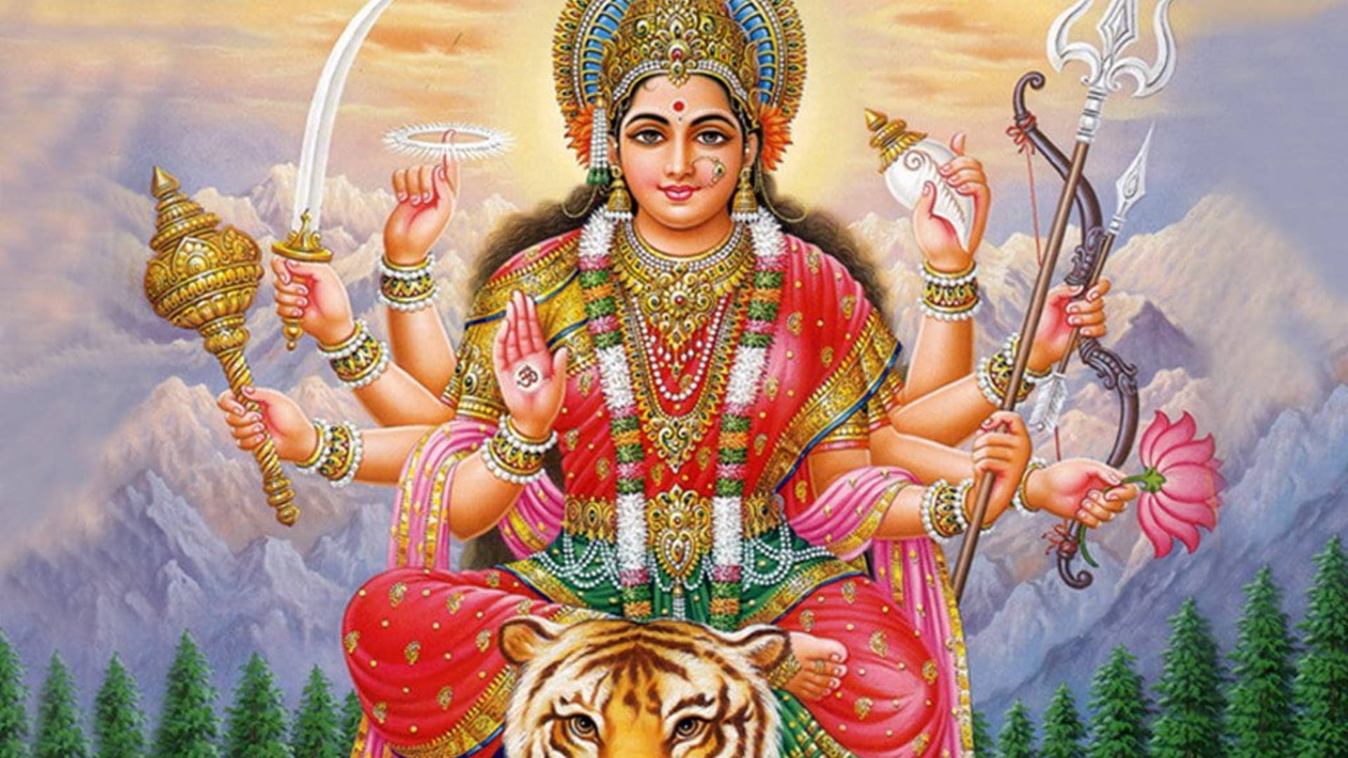 Hindu Goddess Durga And A Tiger Background