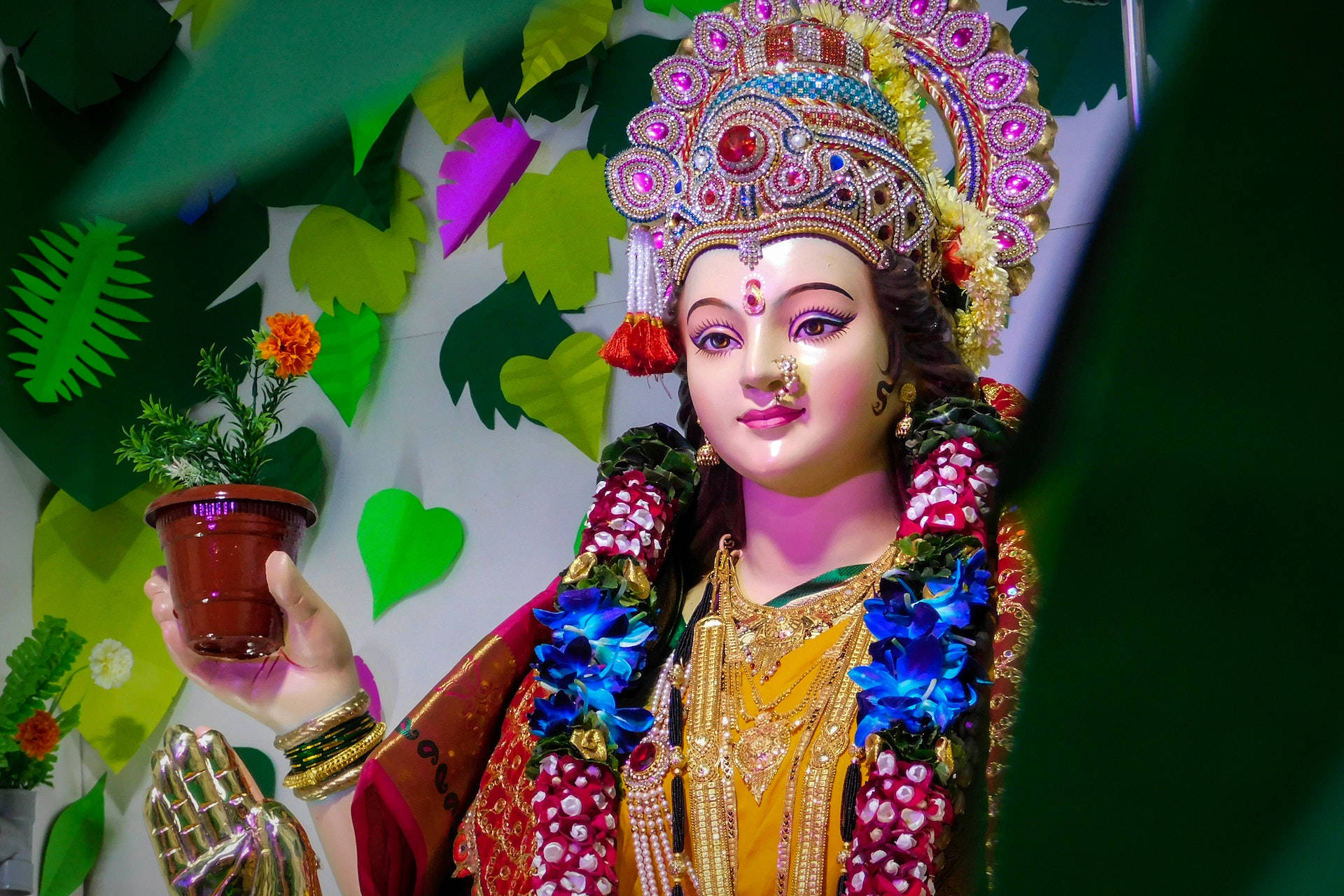 Hindu Goddess Durga Holding Potted Plant