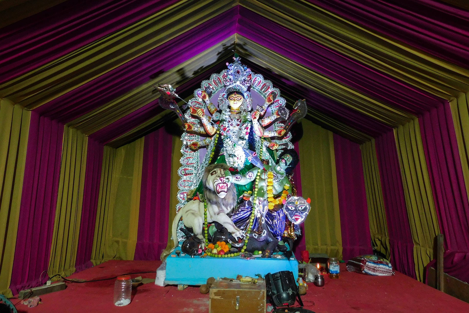 Hindu Goddess Durga Statue In A Tent Background