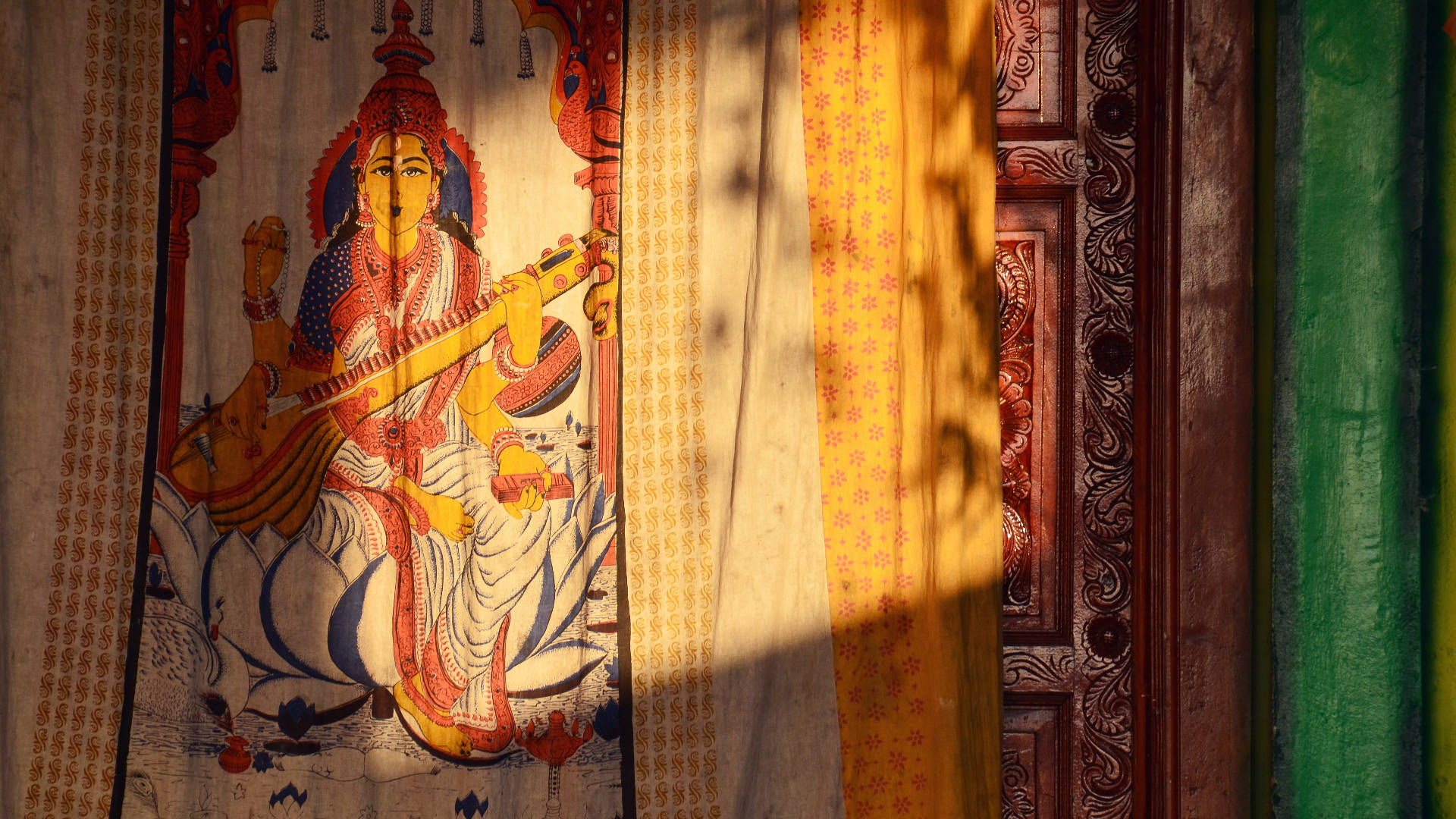 Hindu Goddess Saraswati Tapestry Background