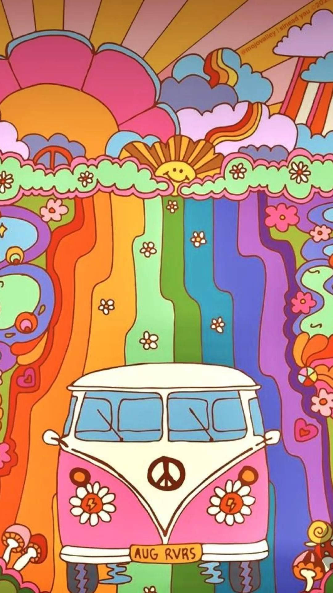 Hippie Aesthetic Bus With Rainbow Background