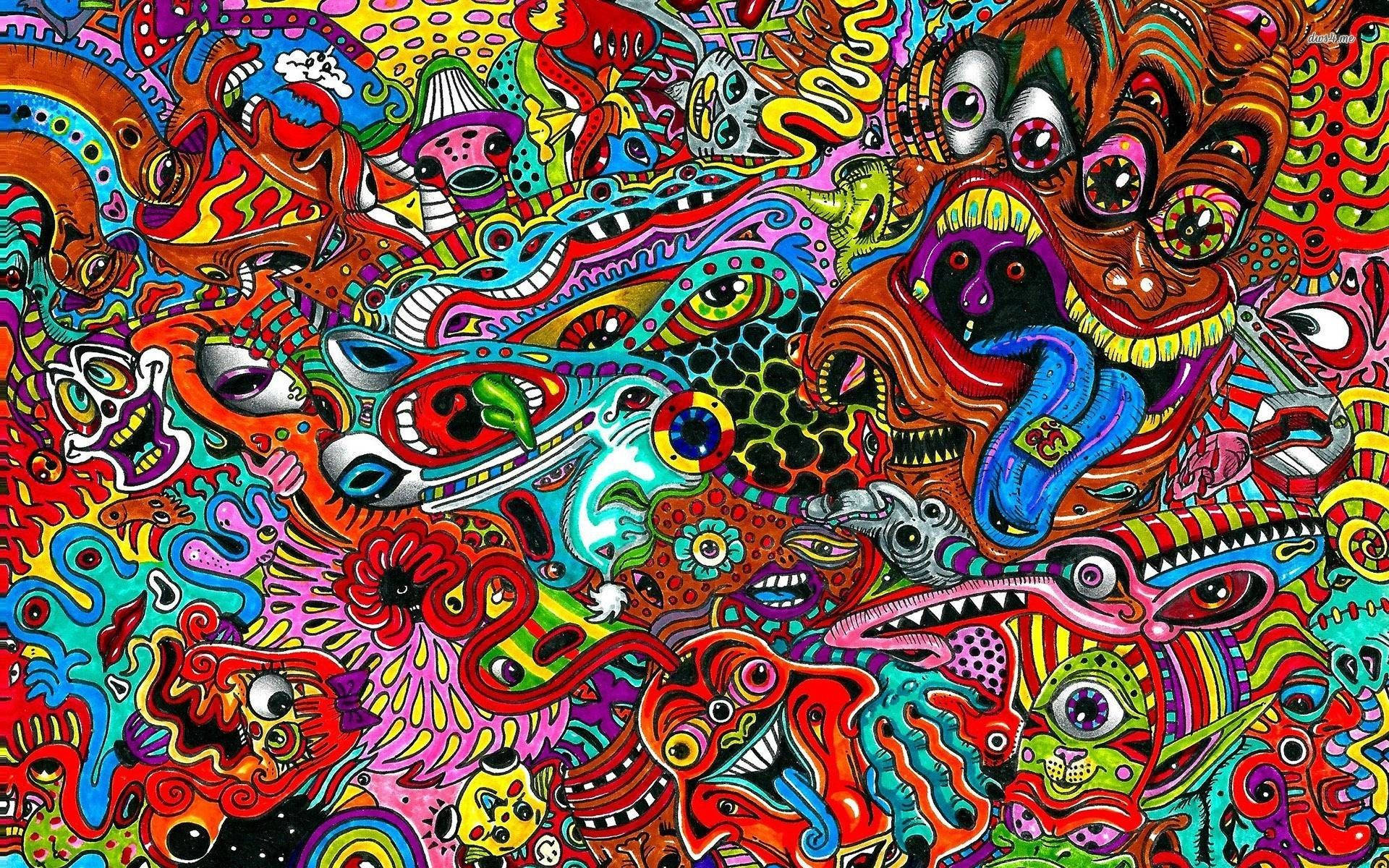Hippie Coloured Monster Faces Background