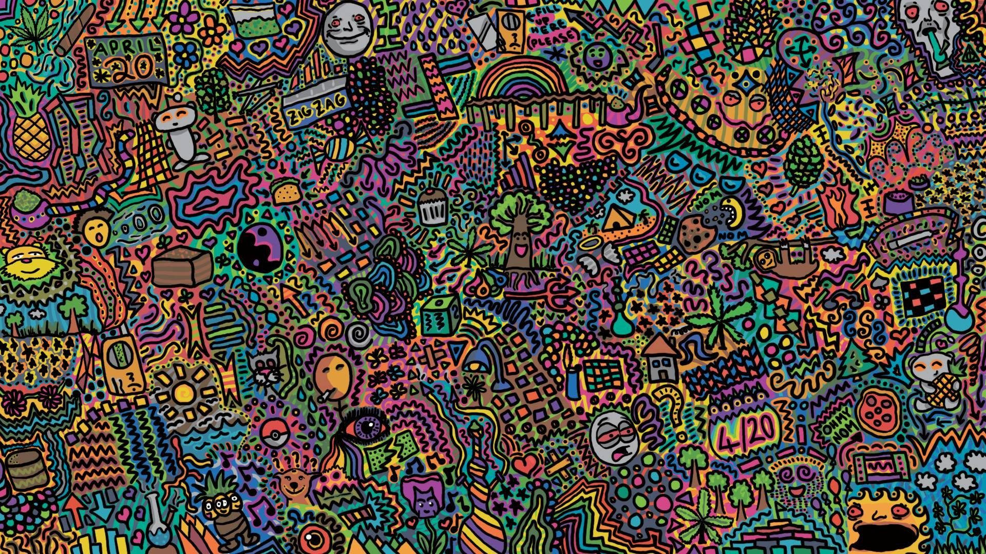 Hippie Psychedelic Colours On Doodle Art Background