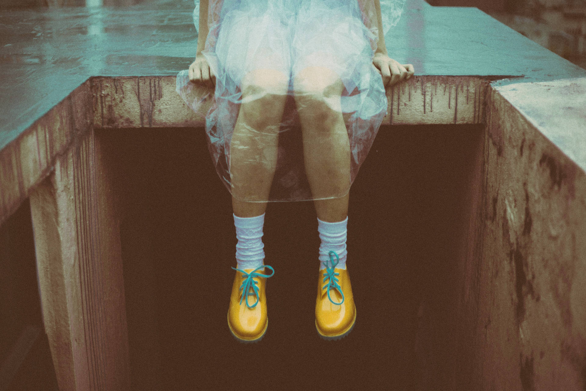 Hipster Raincoat With Yellow Shoes Background