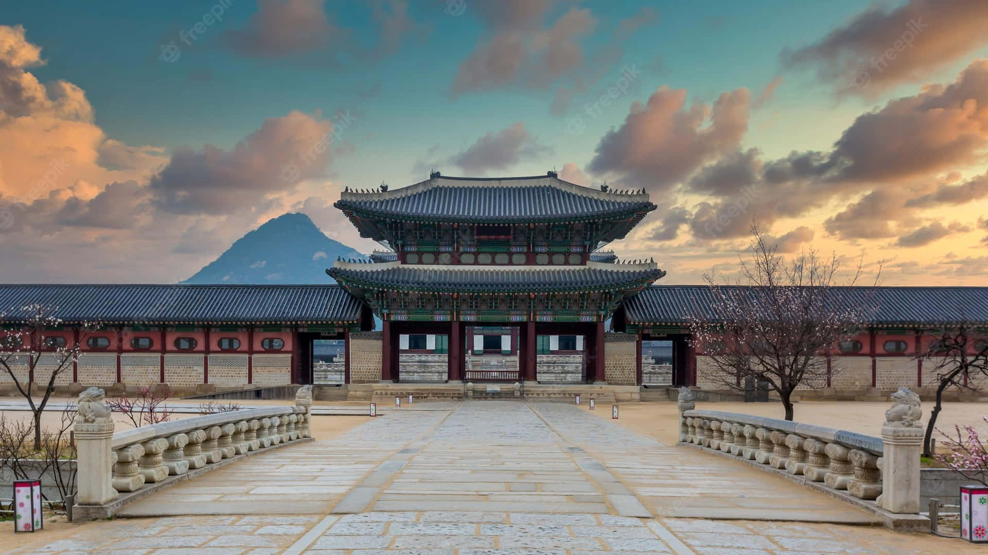 Historic Gyeongbokgung Palace At Sunset Background