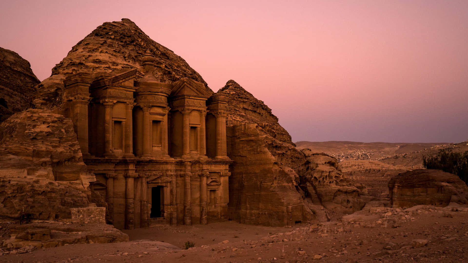 Historical Place Petra Against Pink Skies Background
