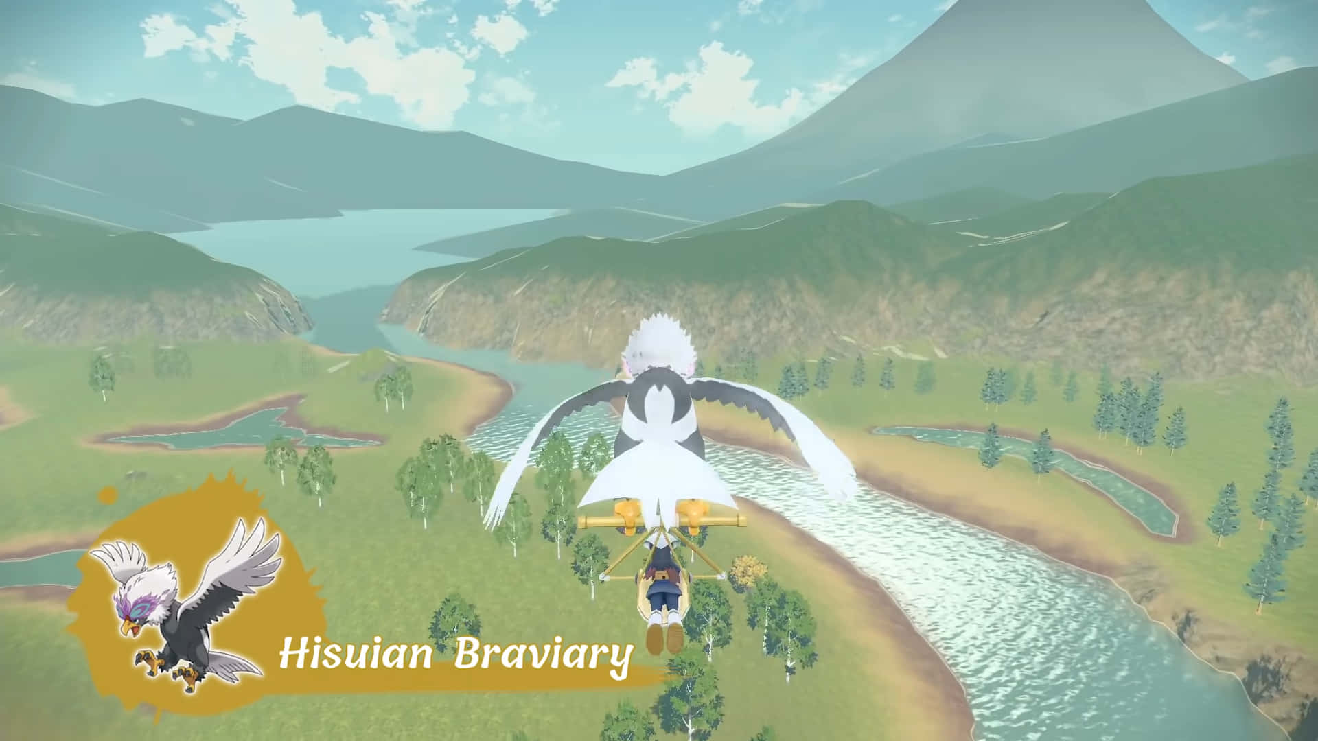 Hisuian Braviary Flying Over A River Background