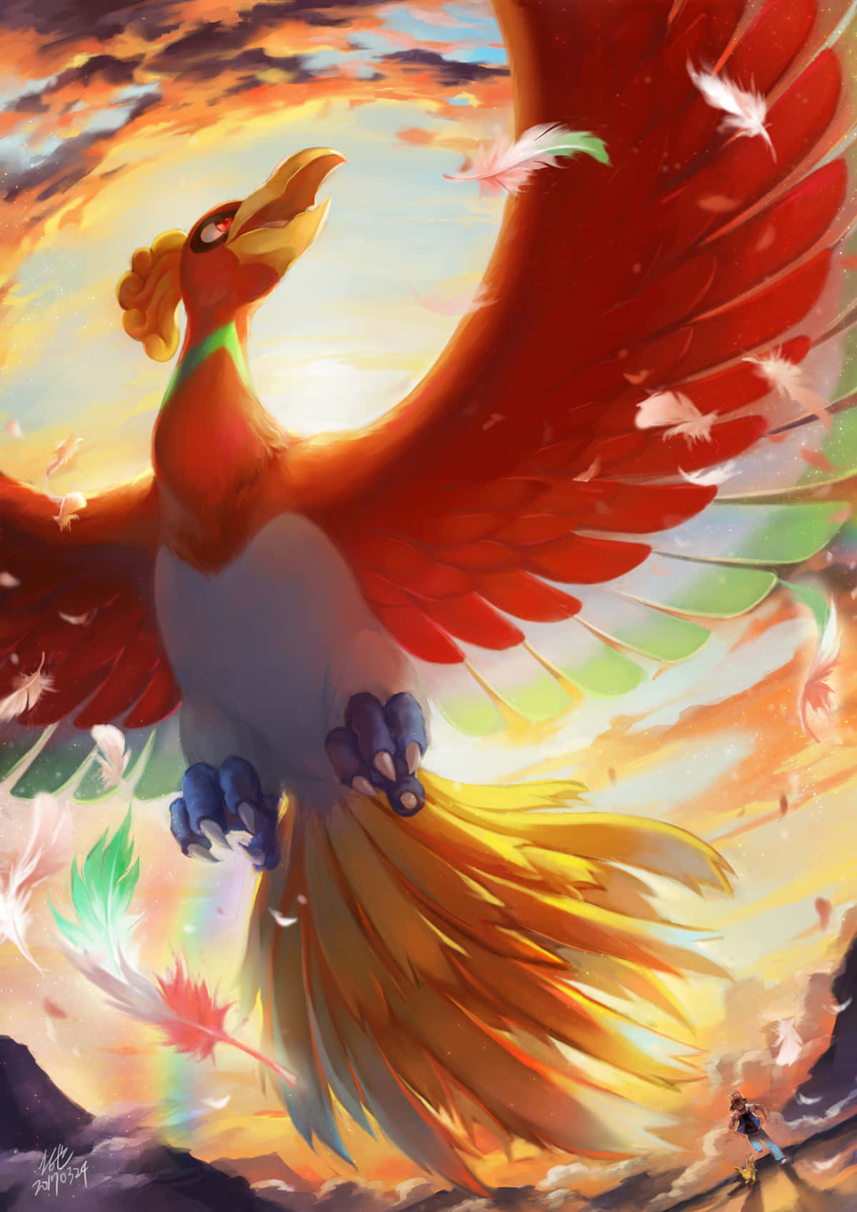 Ho-oh Flying Against Sunset Sky Background