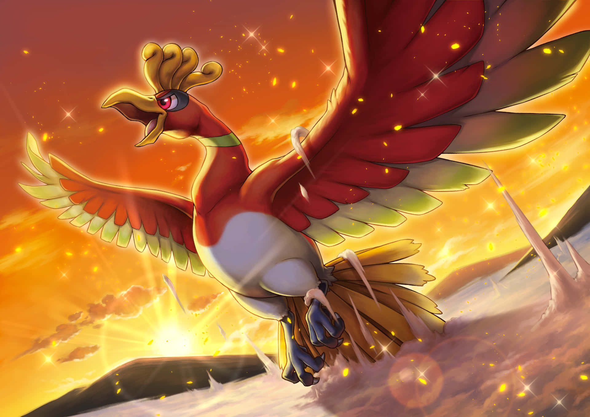 Ho-oh Rising Above Clouds Background