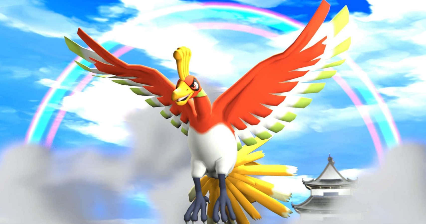 Ho-oh With Rainbow And Clouds Background
