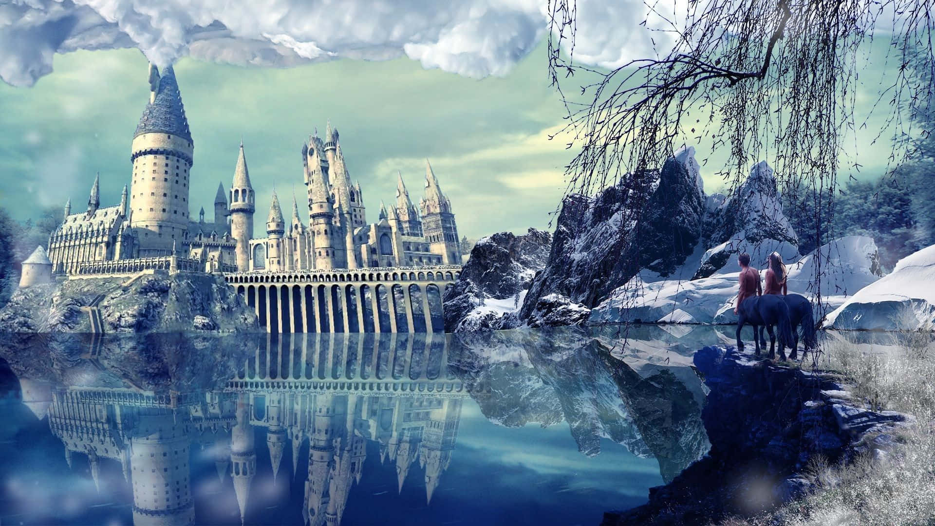 Hogwarts With Clouds Art Desktop Background