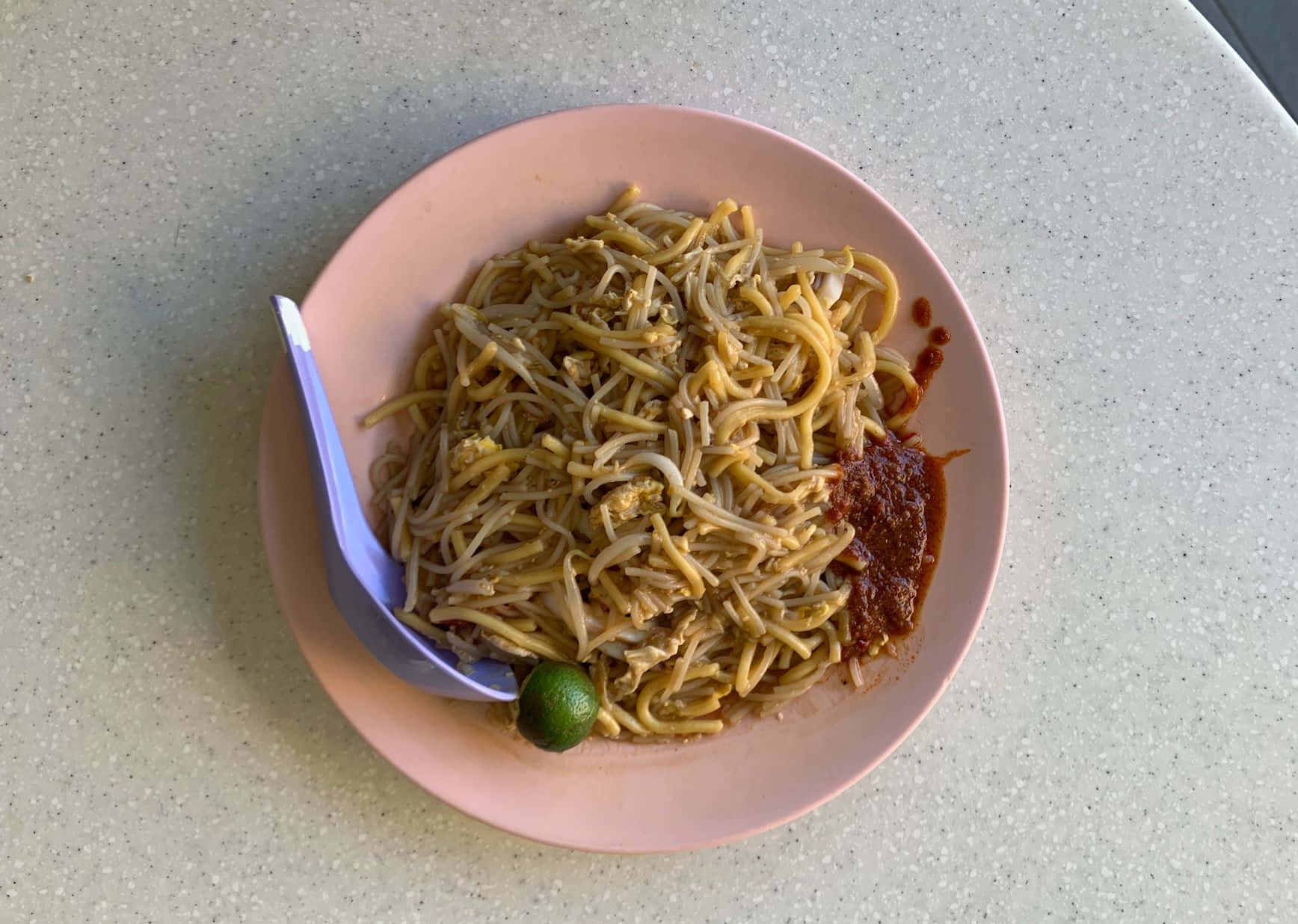 Hokkien Mee Yellow Noodles On Pink Plate Background