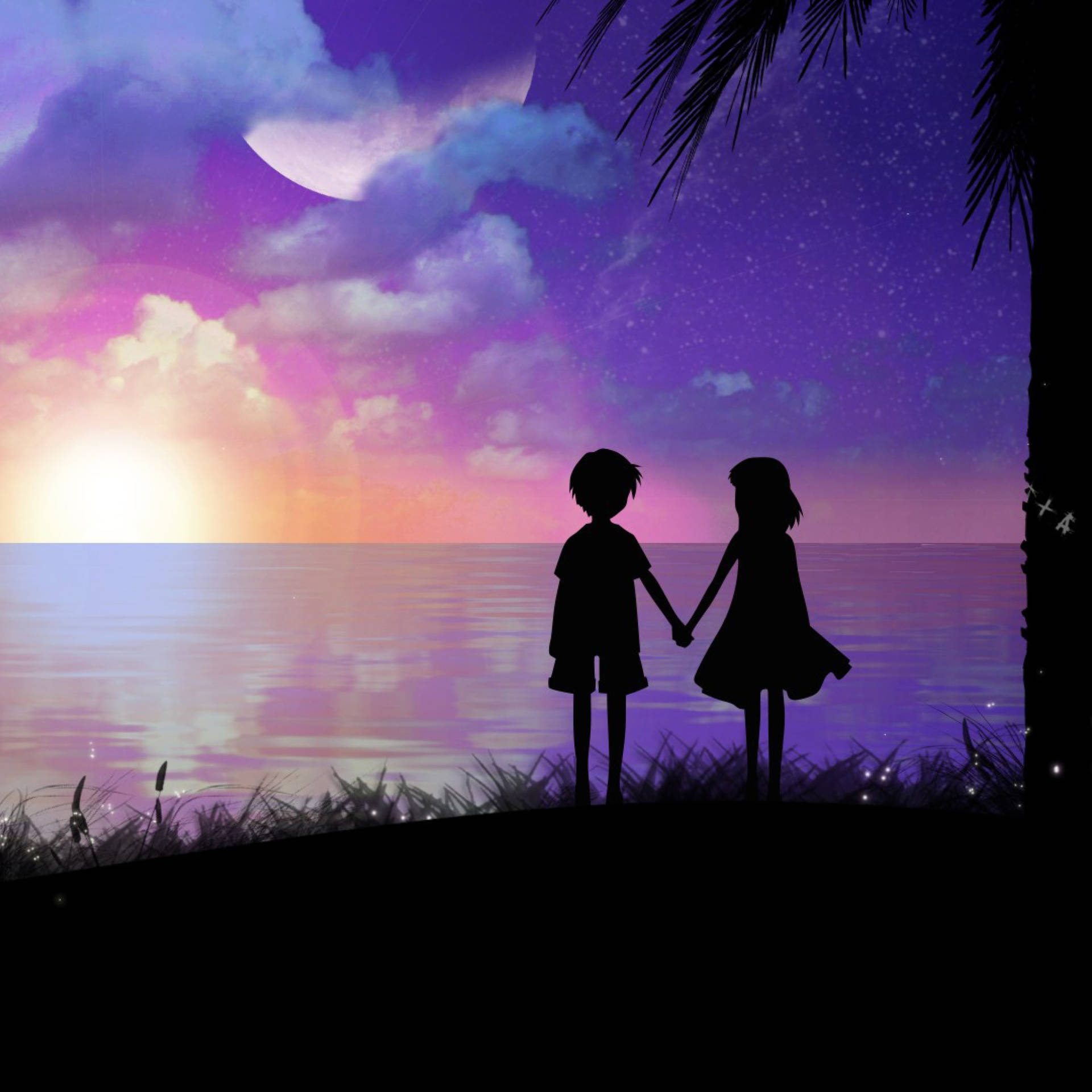 Holding Hands Anime Kids In Purple Sky Background