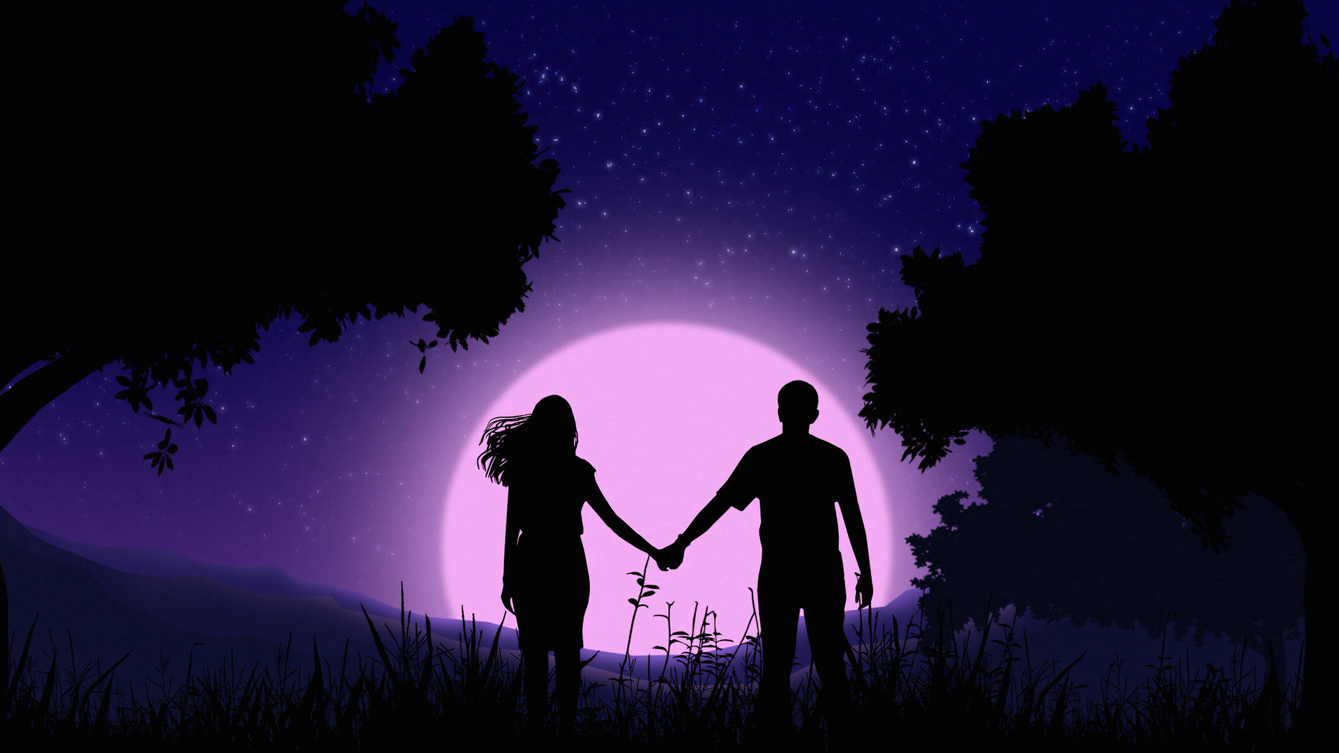 Holding Hands Silhouette In Purple Sky Digital Art Background