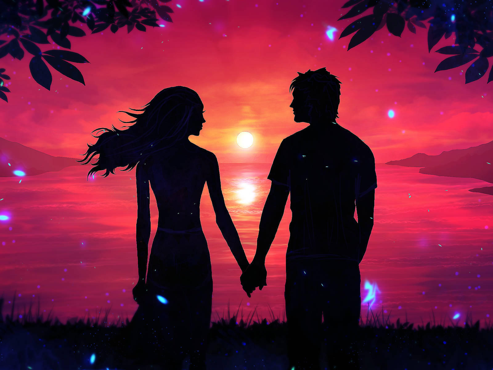 Holding Hands While Facing Sunset Silhouette Digital Art Background