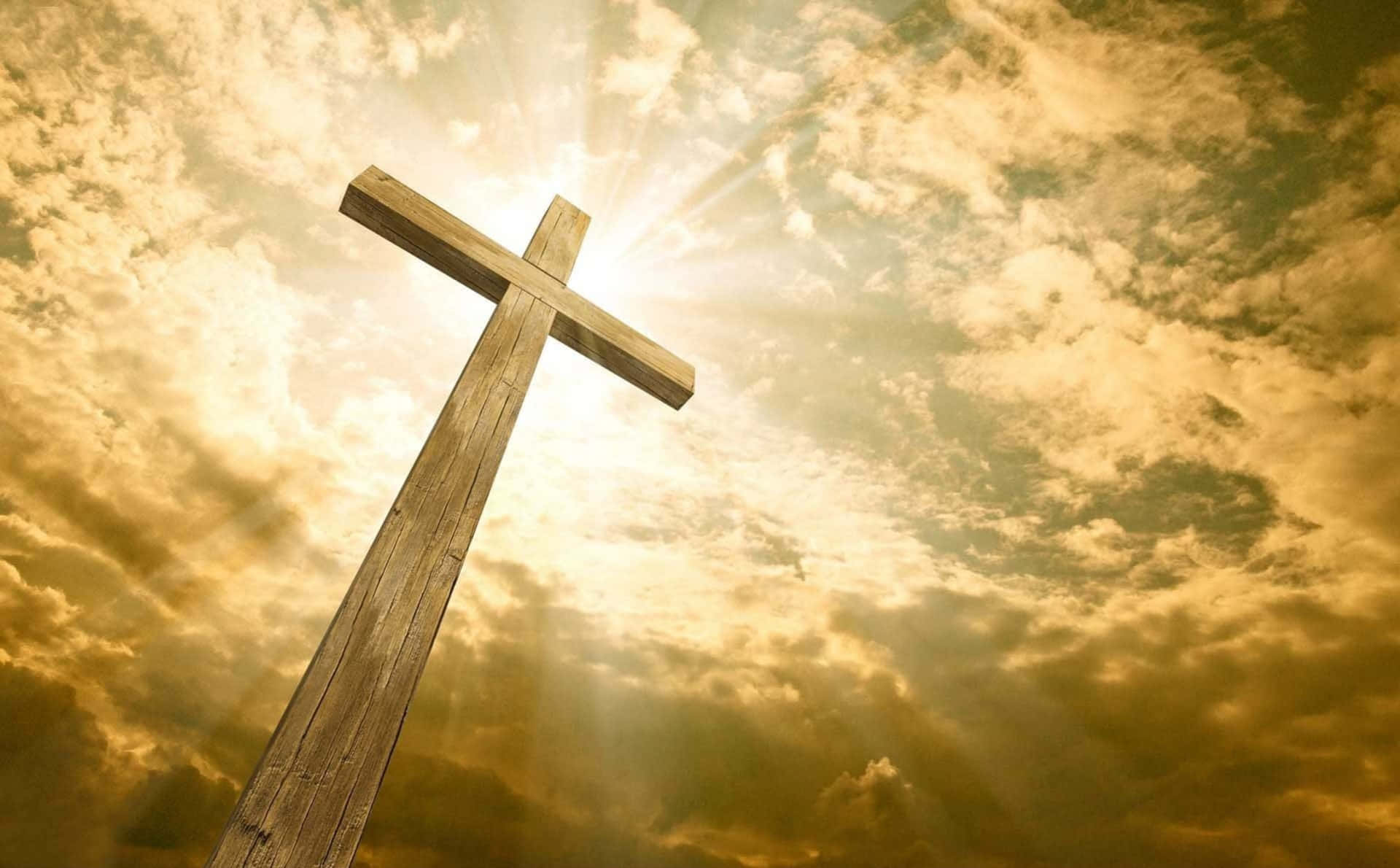 Holly Wooden Beautiful Cross With Glowing Sky Background