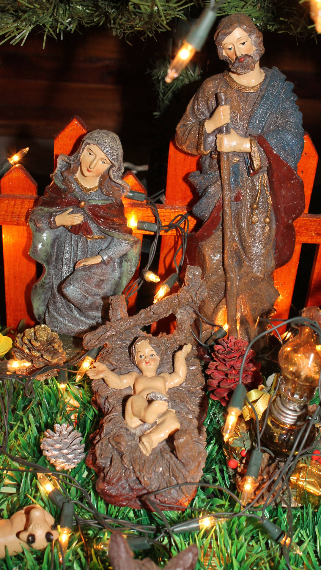 Holy Family With Christmas Lights Background