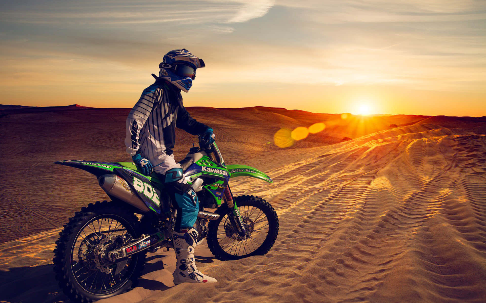 Honda Dirt Bike Neon Green Sunset Background