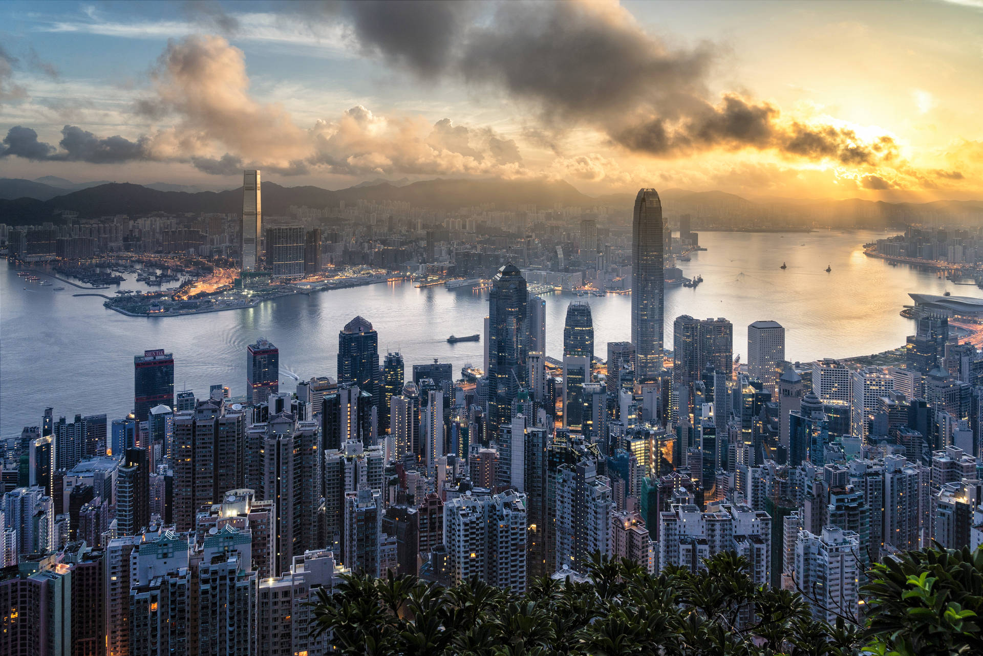 Hong Kong Victoria Harbour Golden Sunrise Background