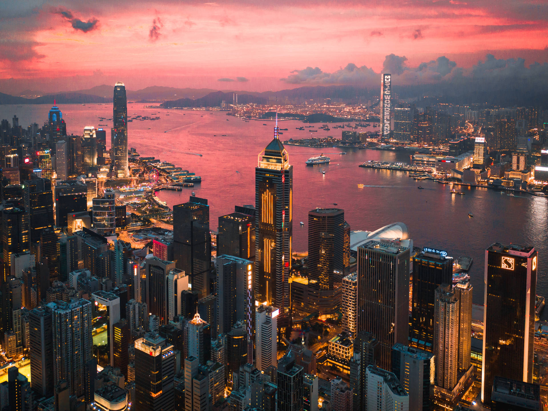 Hong Kong Victoria Harbour Pink Sky Background