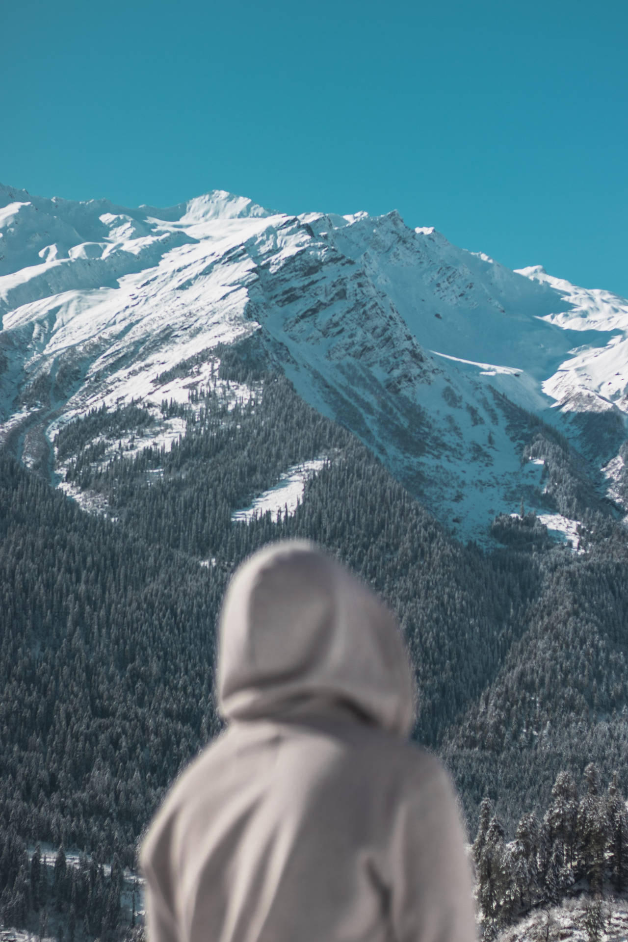 Hooded Figure Profile Facing A Snow Mountain