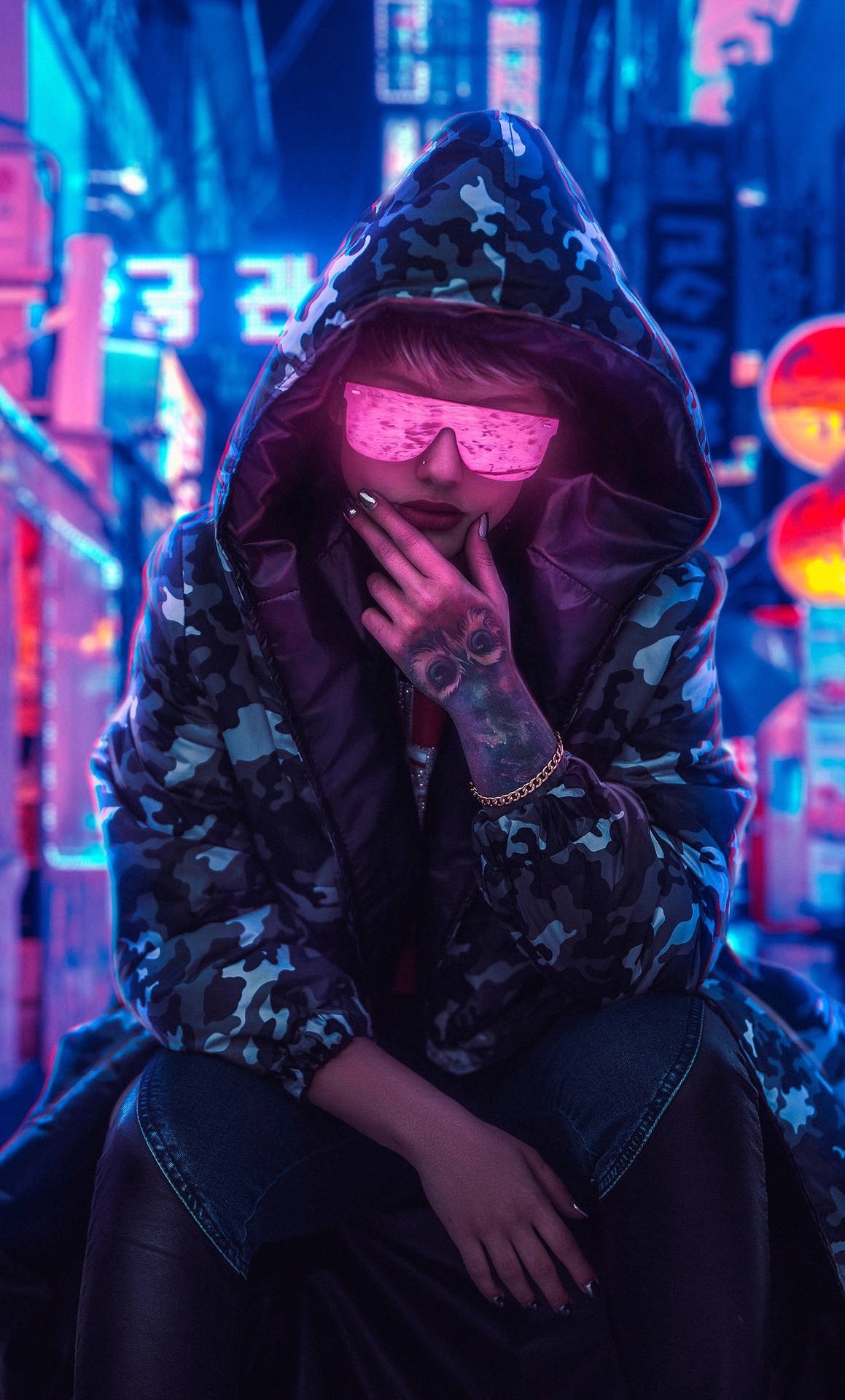 Hoodie Girl With Glowing Glasses Background