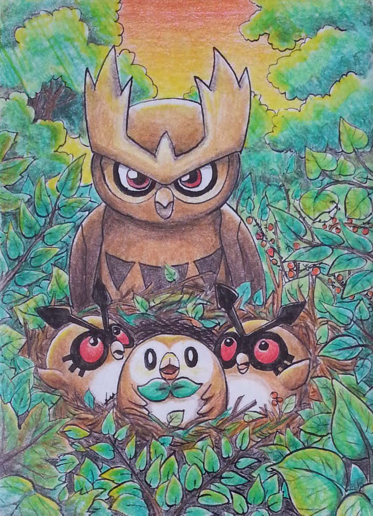 Hoothoot, Rowlet, And Noctowl Pokemon Background