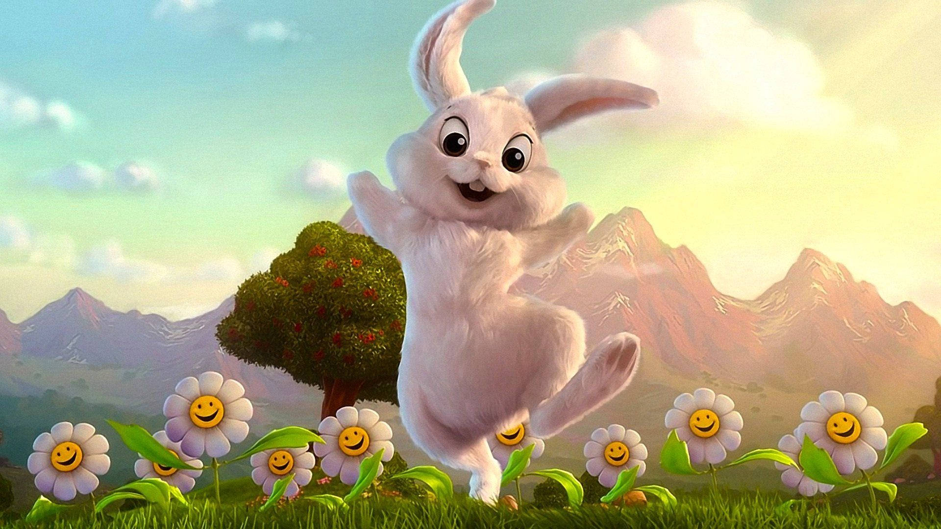 Hopping Easter Bunny And Smiling Daisies Background