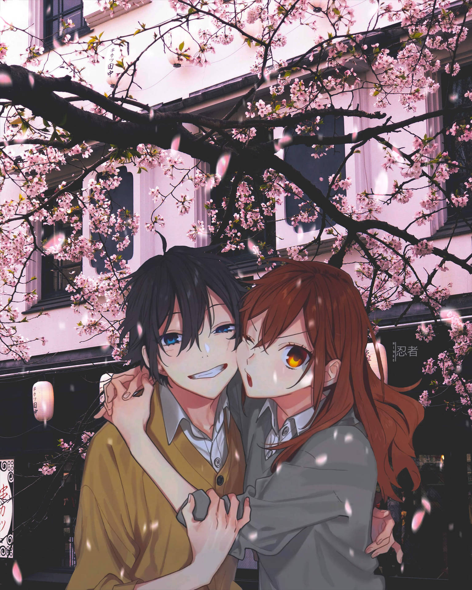 Horimiya Lovers With Cherry Blossoms Background