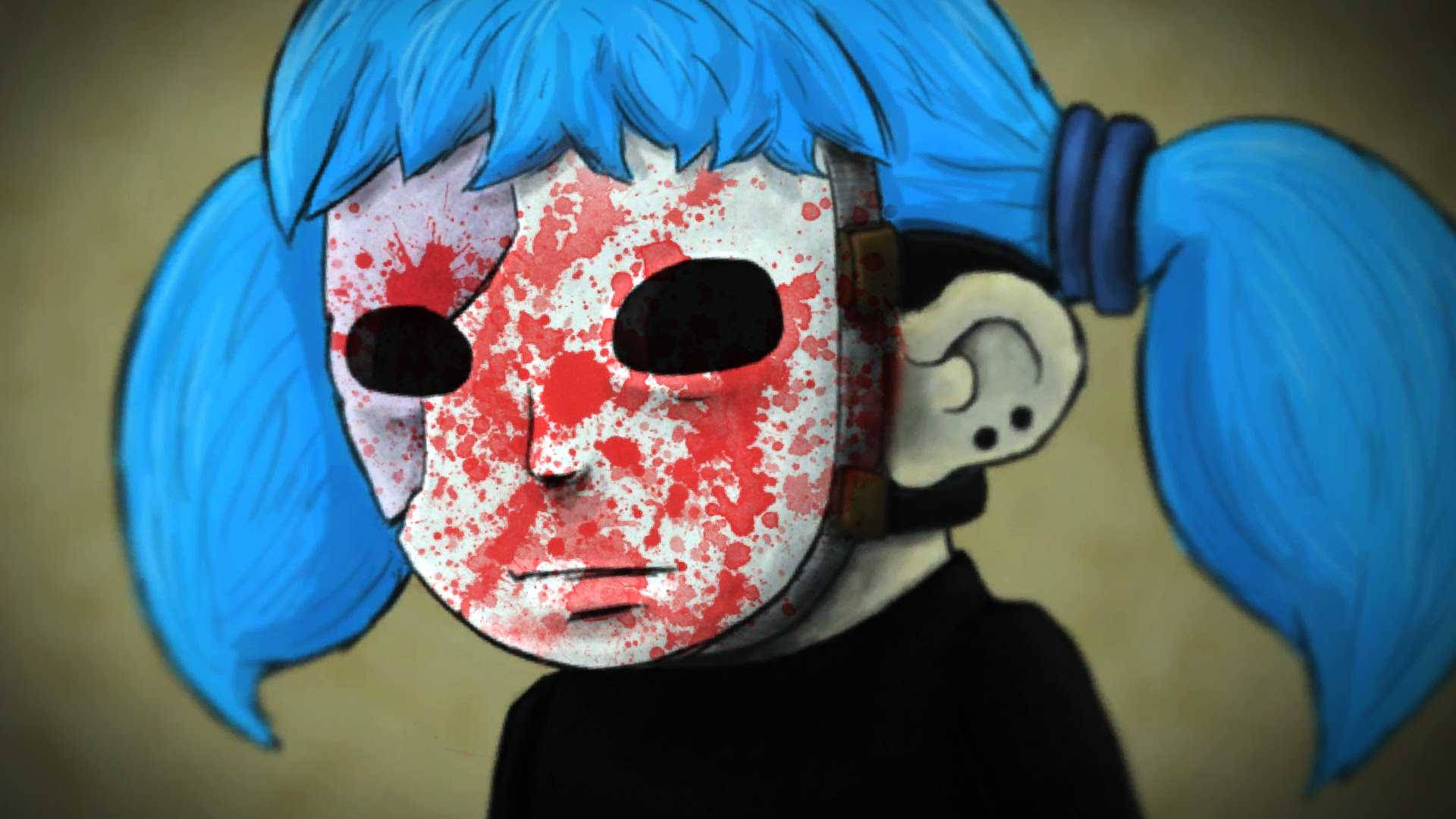 Horrific Figure Of Sally Face In Blood-splattered Mask Background