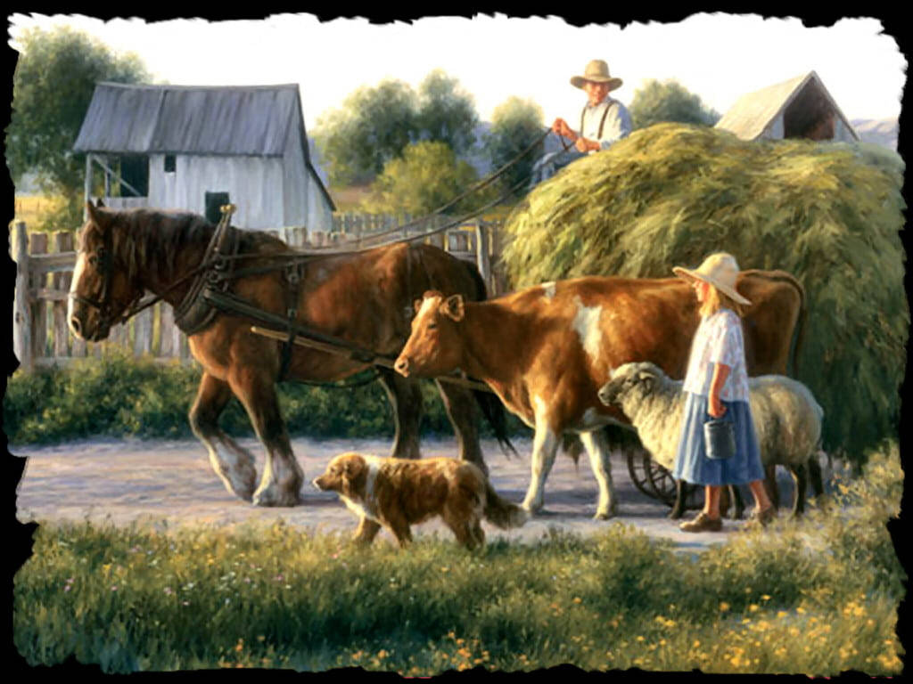 Horse Carrying Straw Bales With Other Farm Animals