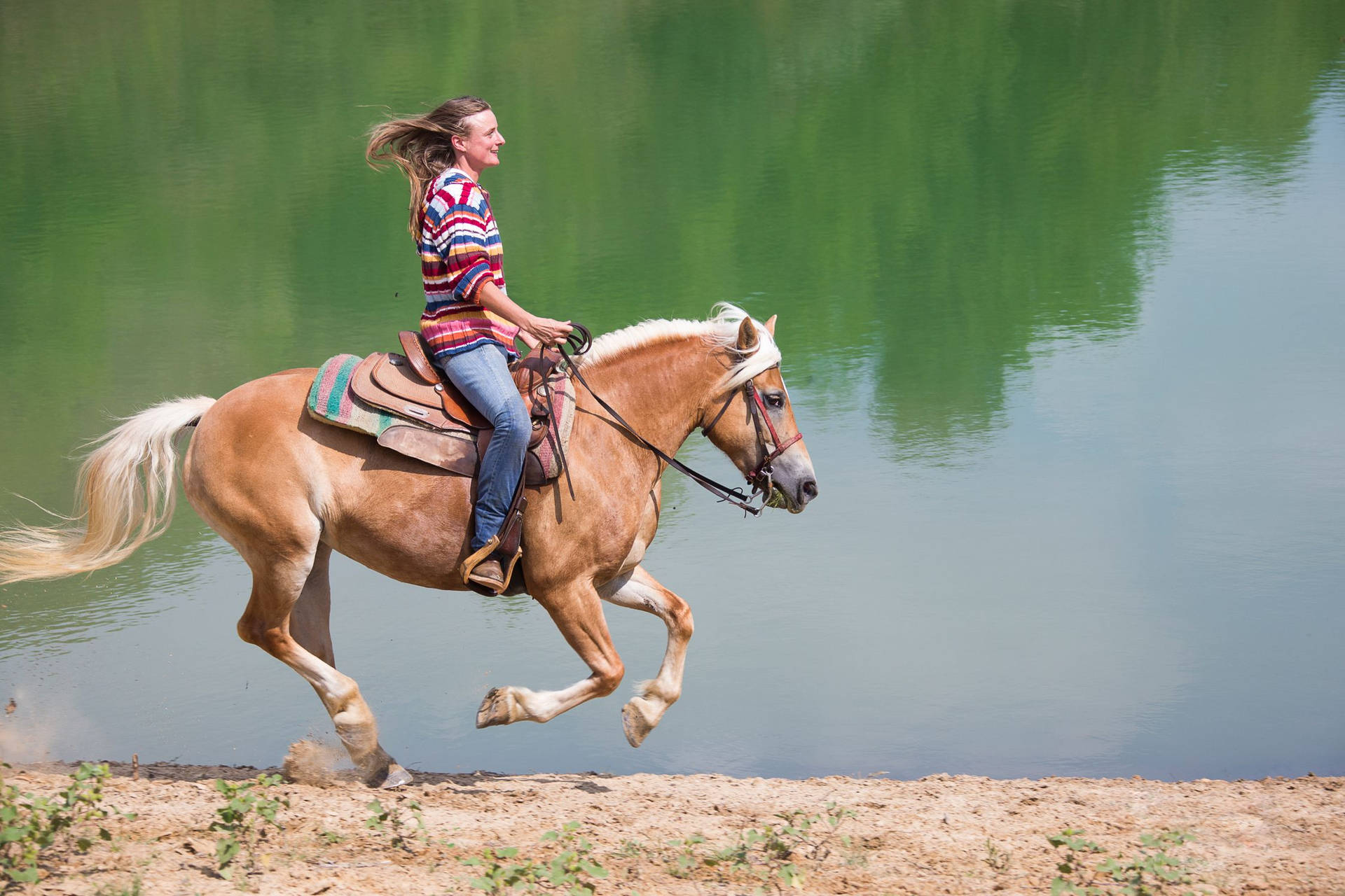 Horse Riding Gallop Woman Water Lake Background