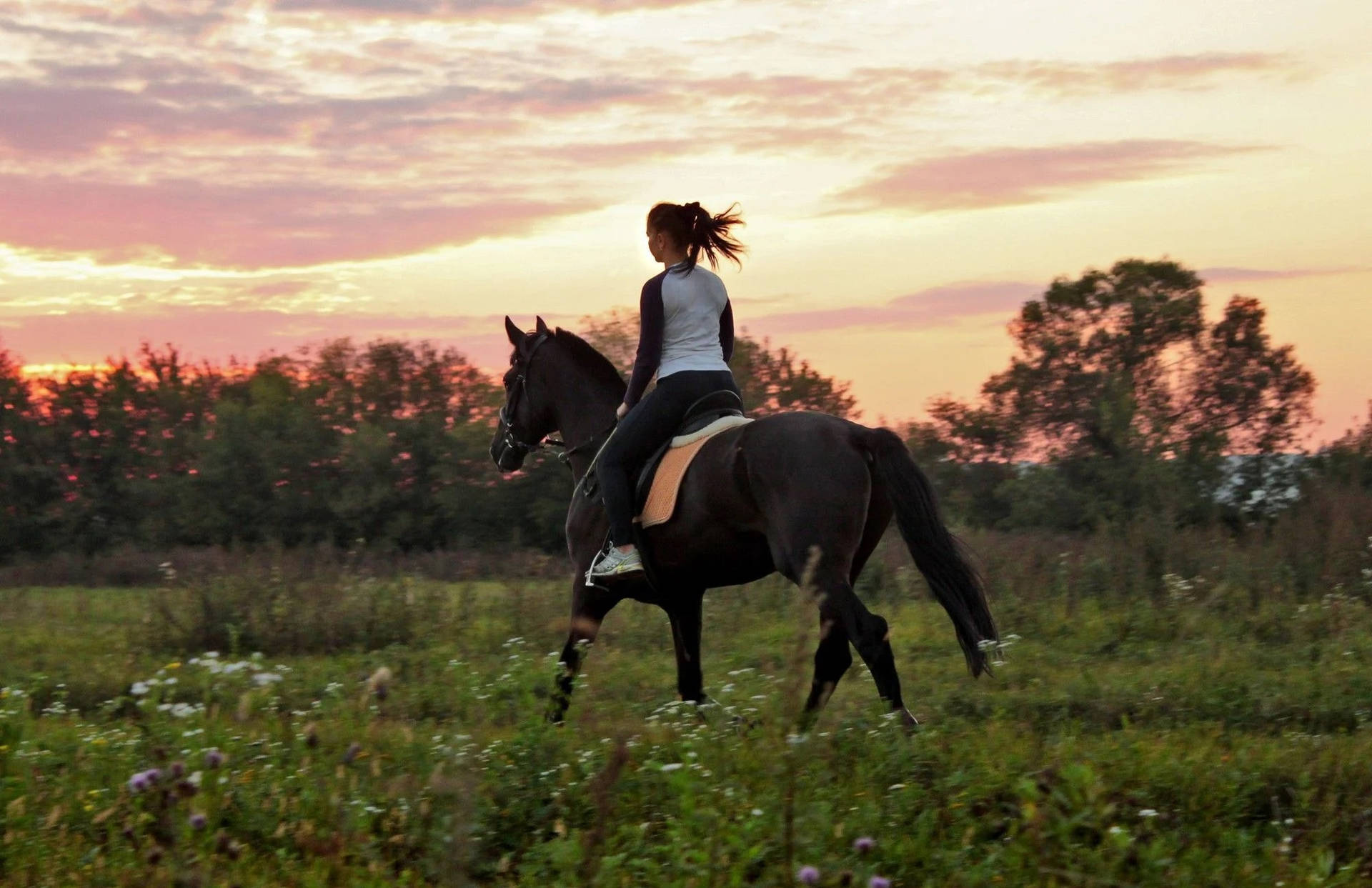 Horse Riding Woman Medieval Village Sunset Background