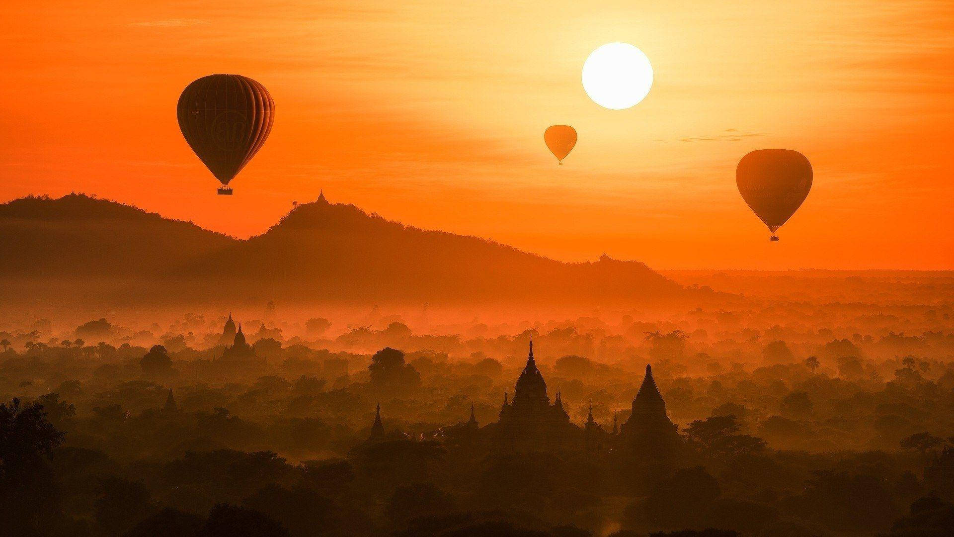 Hot Air Balloons In Burma Sunset Background