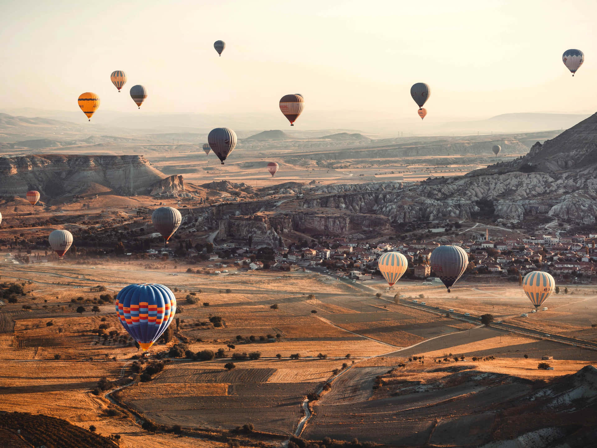 Hot Air Balloons Over Cappadocia Turkey Background