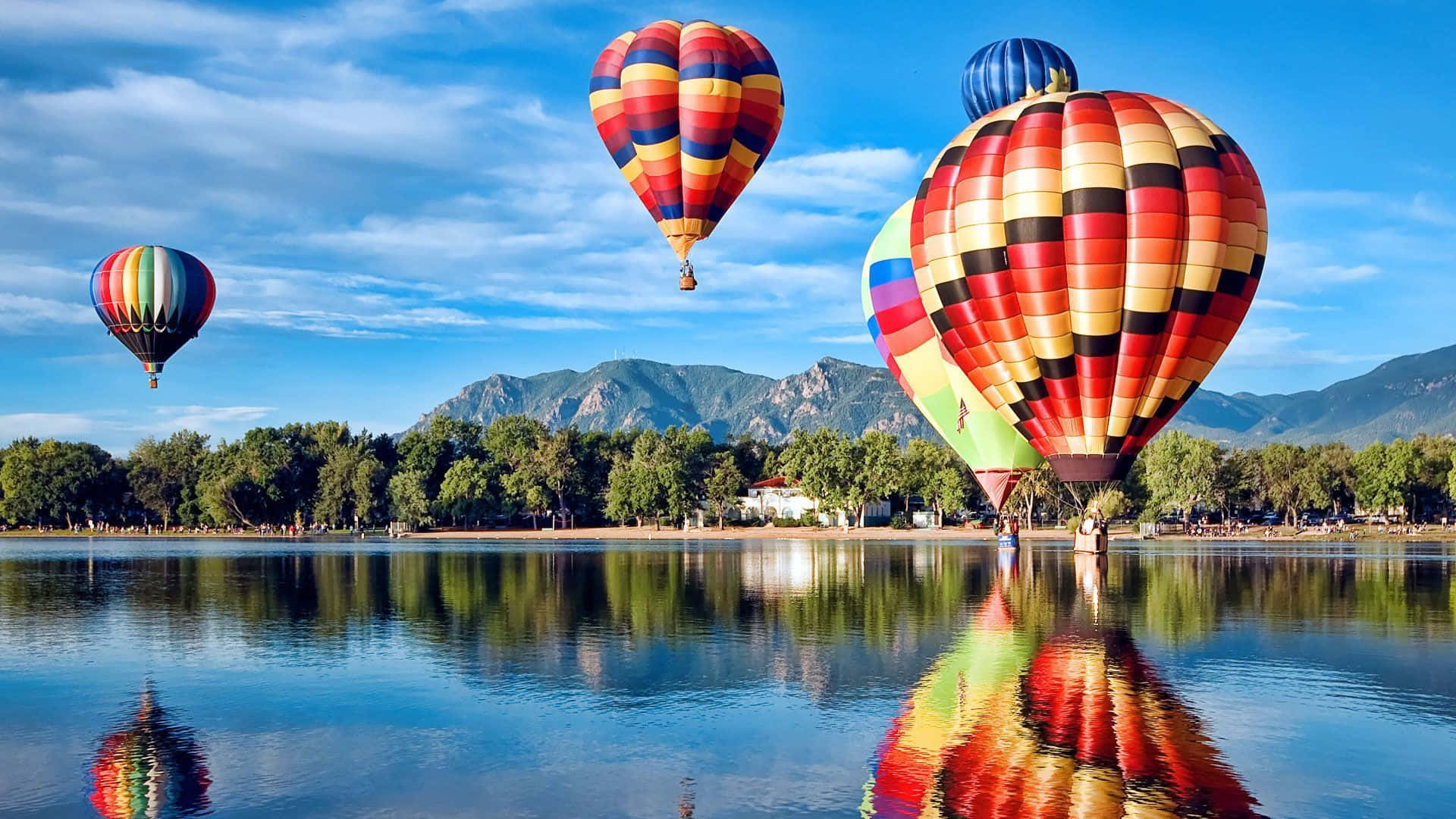 Hot Air Balloons Over Lake Reflection Background