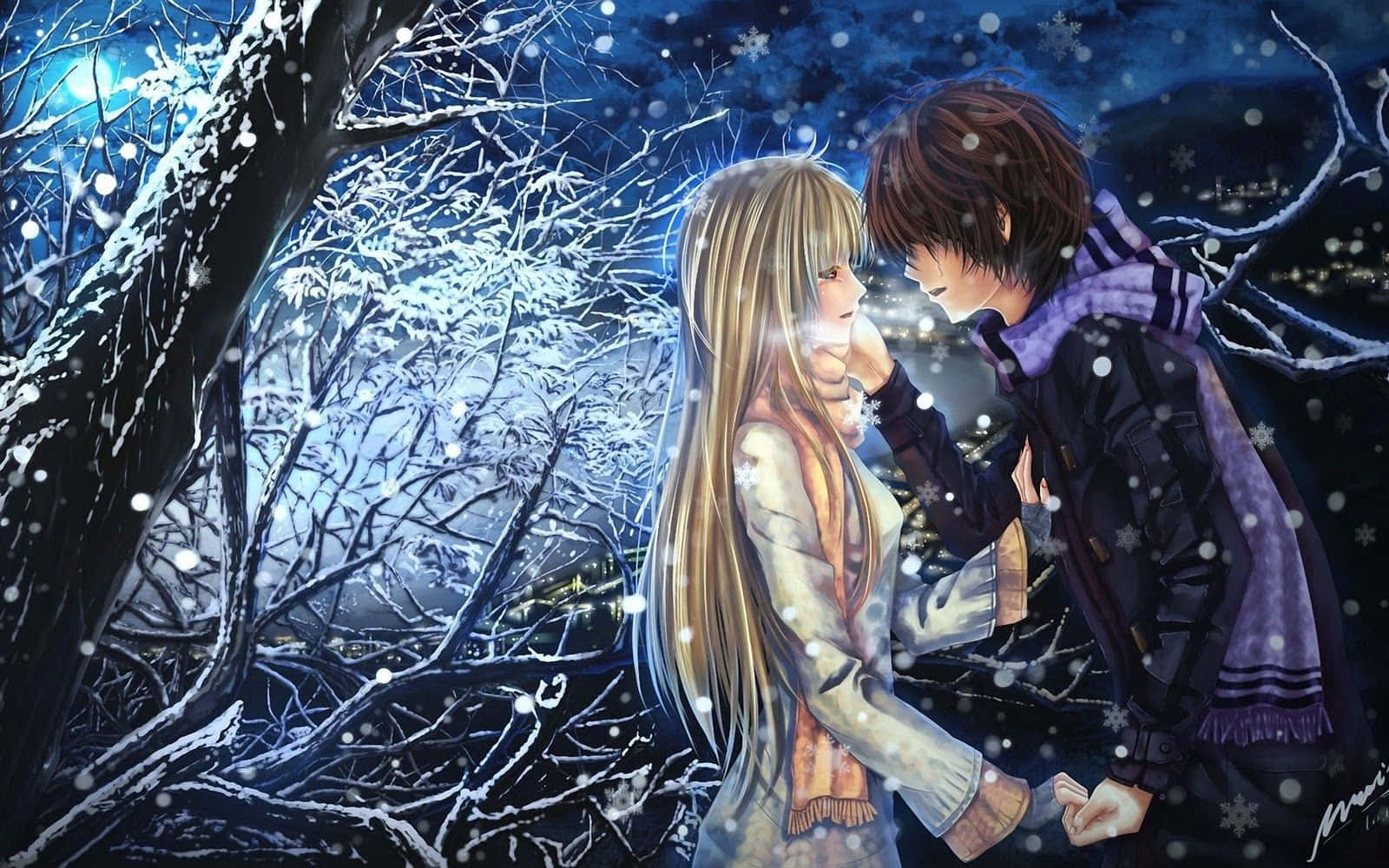 Hot Anime Couple Winter Forest Background