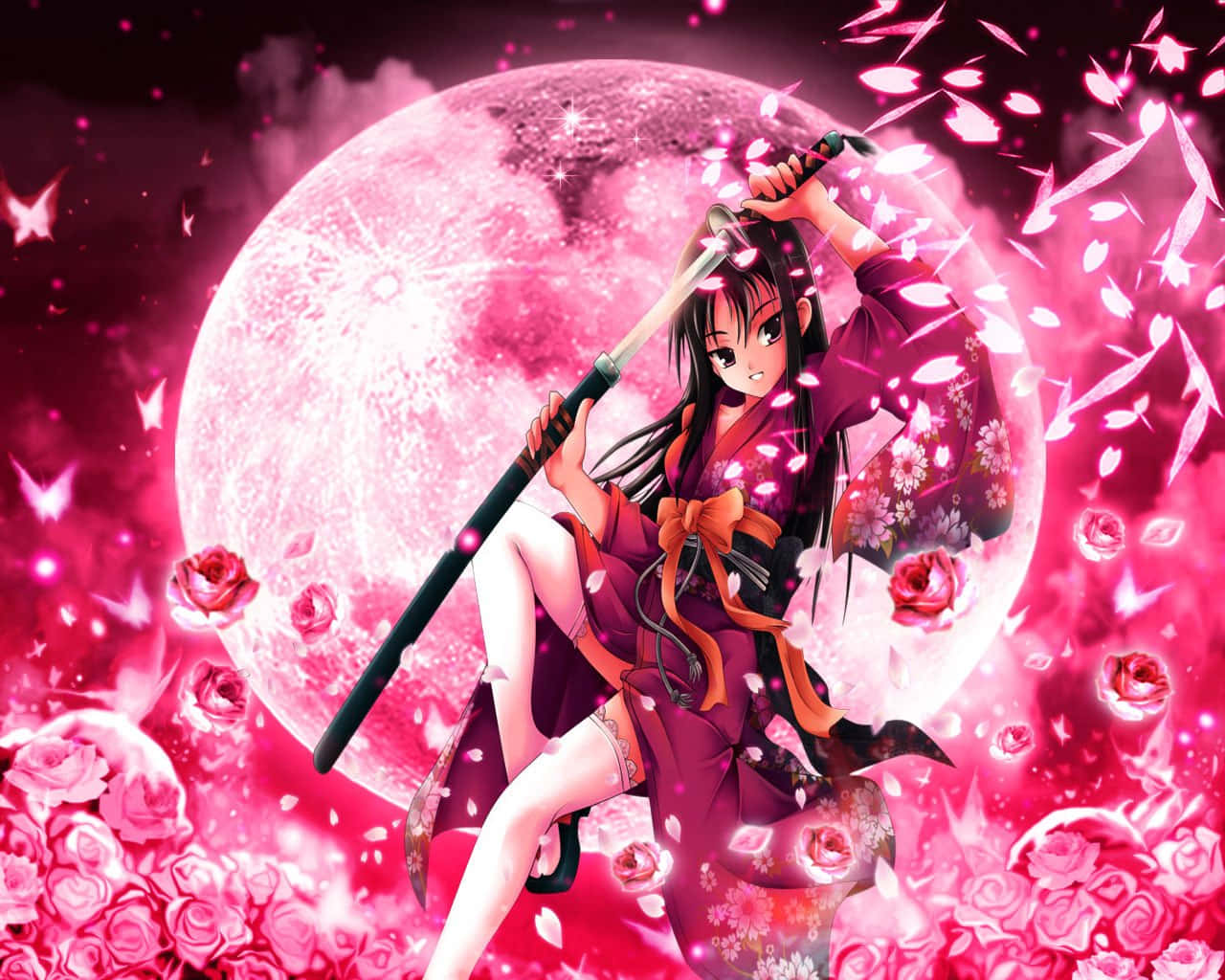 Hot Anime Samurai Girl Pink Background