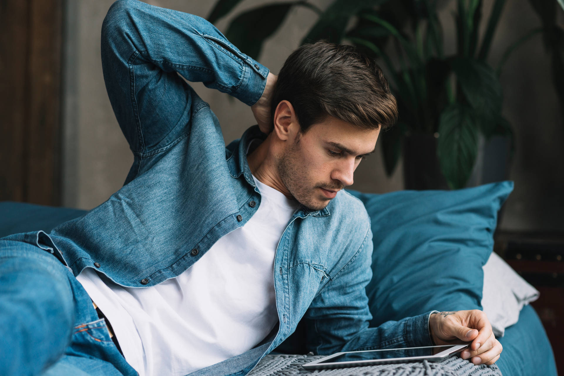 Hot Guy Denim On Denim Background