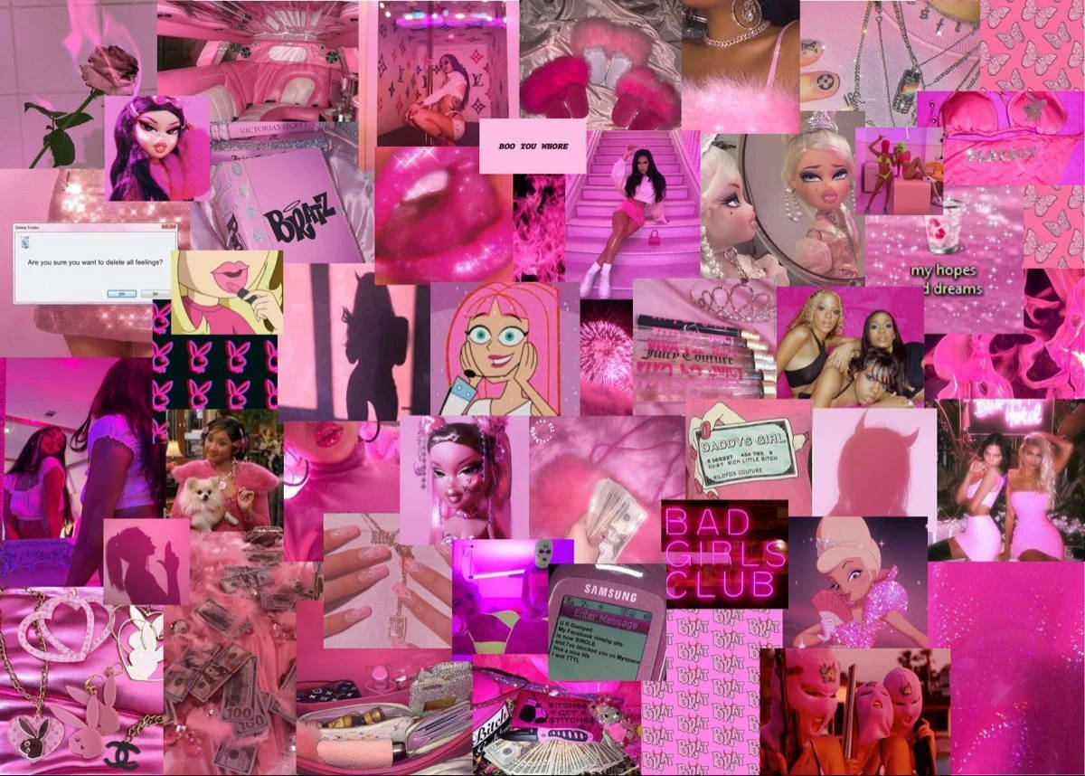 Hot Pink Collage Aesthetic Feminine Computer Background