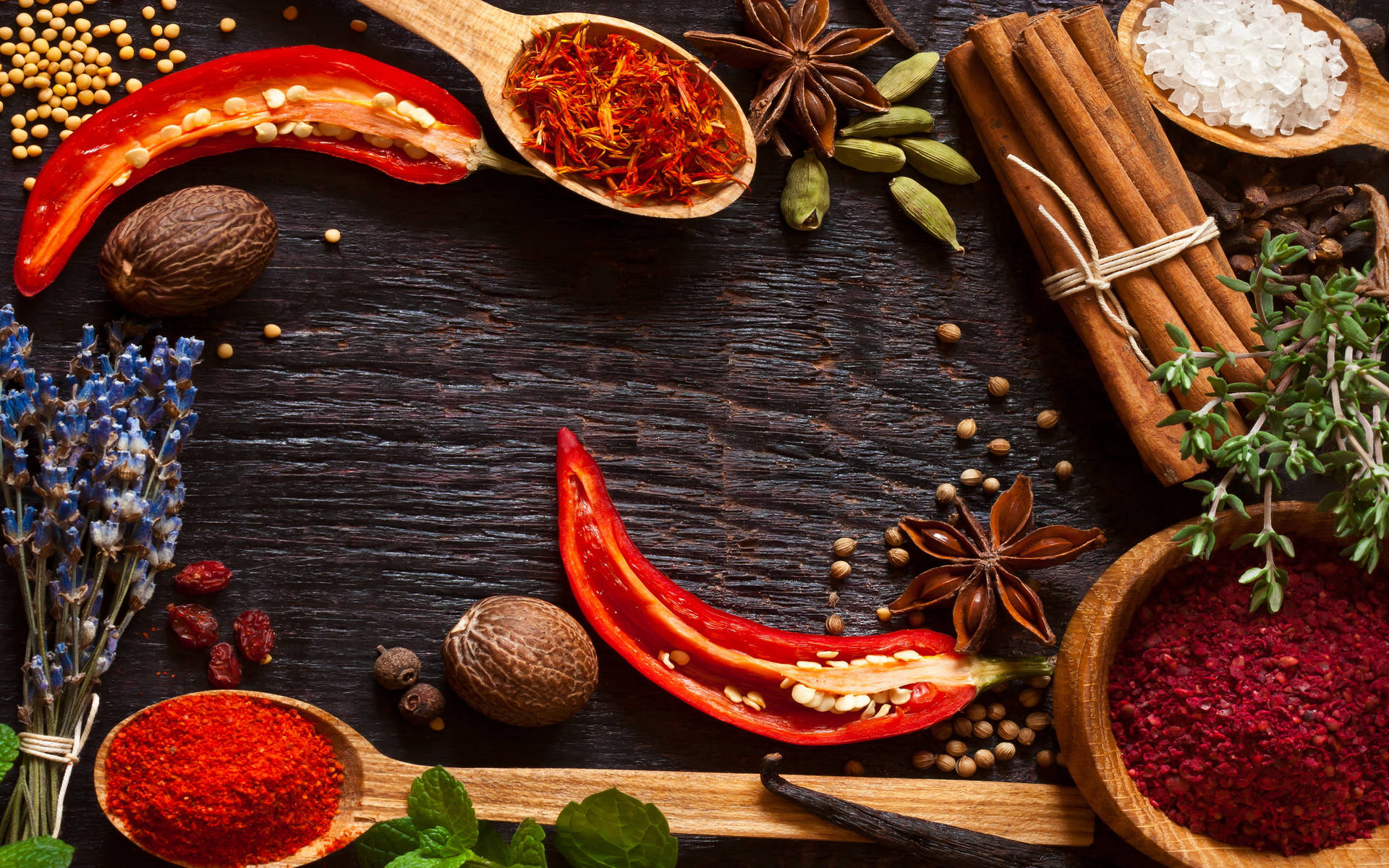 Hot Spices For Cooking On Wooden Surface Background